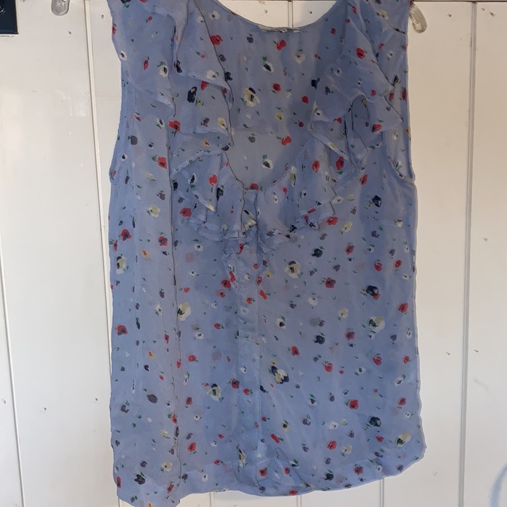 Ganni | Light blue button up sleeveless blouse with ruffles | size 36 Small